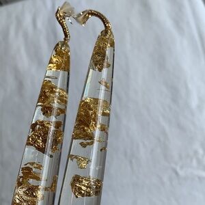 Vintage Mid Century Lucite Confetti Gold Flakes Candle Clear Tapers 6” Set of 2